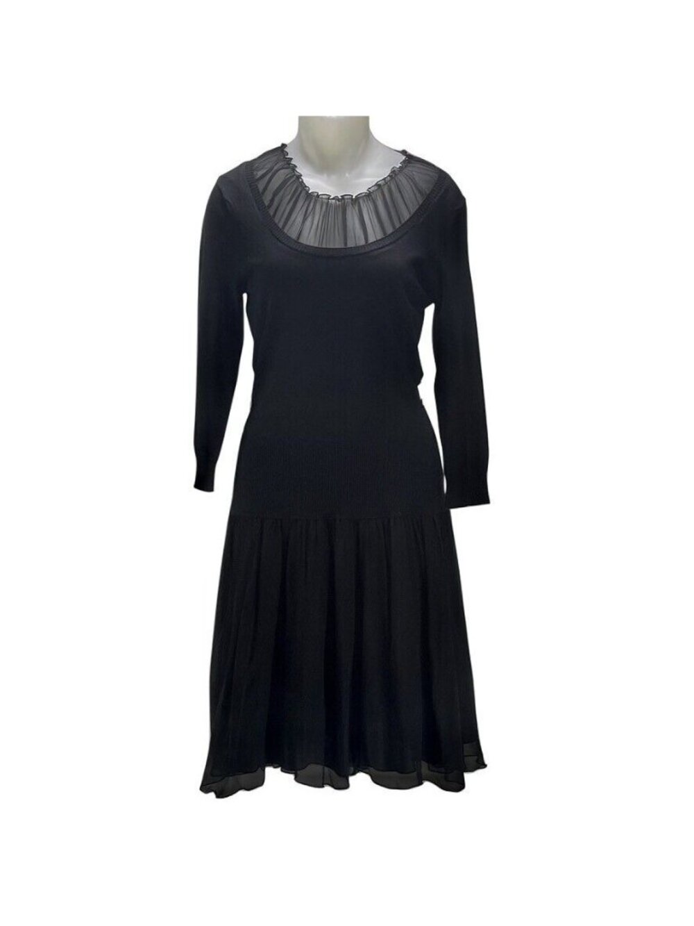 Calvin Klein Black Chiffon Pleated Neck Long Sleeve Dress Size 8